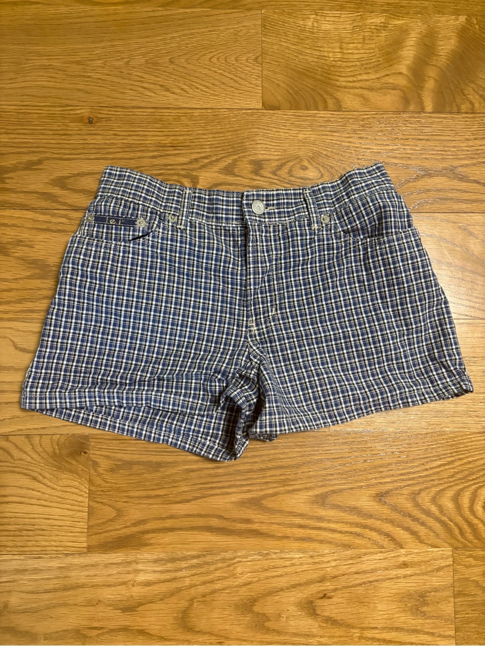 Women’s Blue Plaid Cotton Blend Jean Shorts